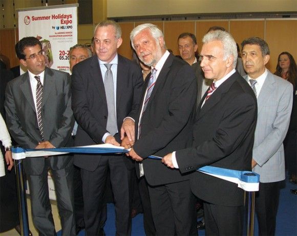 GNTO Secretary General Yiorgos Koletsos, Governor of Peloponese District Petros Tatoulis and Helexpo President Paris Mavridis during the official inaugural ceremony of the 5th Summer Holidays Expo at the Helexpo Palace in Marousi, Athens. The international fair, which promoted the slogan “The summer starts here!” took place on 20-22 May and had a two-euro entrance ticket. The ticket functioned as a raffle ticket for holidays, hotel stays, and airline/ferry tickets.