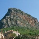 View of the rock on which the castle and the town of Monemvasia are built. The town's name derives from two Greek words, "mone" and "emvasia," meaning "single entrance."