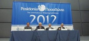 Theodore Veniamis, chairman of the Union of Greek Shipowners (second from left), during the traditional UGS press conference of Posidonia.
