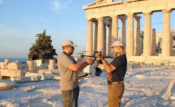 Airpano photographers setting their equipment to get panoramic shots of the Acropolis.