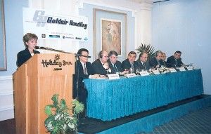 Goldair's public relations specialist, Rita Vlachou, presents the major investors in Goldair Handling: D. Damianos - Alpha Venture; R. Ruppel - Frankfurt Main AG; K. Kavdas - Goldair Handling; Stelios Golemis - Goldair Handling; T.Vassilakis - Aegean Airlines; W. Dressler - GlobeGround; T. Tsovilis - GoldairSA; C. Hartzanopoulos - KLM.