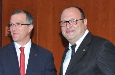 Sofitel Athens Airport Hotel's new general manager Cyril Manguso and the hotel's former general manager Gilles Attias.