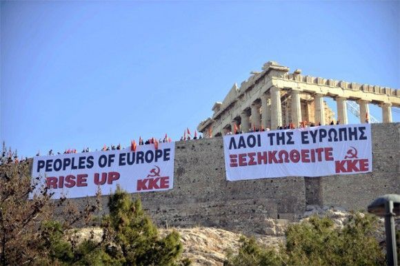 On 4 May tourists were in for a surprise once they approached the Acropolis and saw huge banners hung over the walls with the slogan “Peoples of Europe, rise up” in Greek and English. Some 200 members of labor union PAME had violated the gate at the Acropolis during the morning hours and staged a takeover in protest of the government’s austerity measures.  Photo: Α.Νikolopoulos/EUROKINISSI