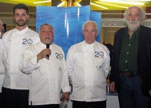 Miltos Karoubas, president of the Hellenic Chef's Federation (second from left) and Giorgos Pittas (far right), supervisor of the “Greek Breakfast” program, at the 7th HO.RE.CA. show held in Athens last February. Under the “Greek Breakfast” logo, the members of the chef’s federation created Greek breakfast menus, highlighted local products and presented the uniqueness of each Greek region.