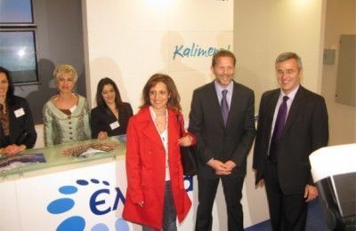 Culture and Tourism Minister Pavlos Geroulanos (center) at the Greek National Tourism Organization’s (GNTO) stand during the inauguration of the 15th Touristiko Panrorama. Mr. Geroulanos is accompanied by Sofia Lazaridou, GNTO promotion office, and Nikolas Kanellopoulos, GNTO president.