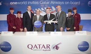 Flanked by Qatar Airways cabin crew celebrating the announcement of the airline joining the oneworld alliance are (from left), American Airlines’ Chairman and Chief Executive Tom Horton, Chairman of the oneworld Governing Board; Qatar Airways CEO Akbar Al Baker; IAG Chief Executive Willie Walsh and oneworld CEO Bruce Ashby