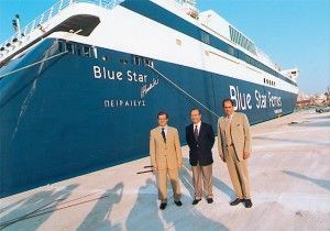 Alexandros Panagopoulos and Periclis Panagopoulos of Superfast Ferries, a major shareholder of Blue Star Ferries, with Gerasimos Strinztis, a major shareholder and chairman of Blue Star Ferries.