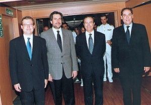 Alexandros Panagopoulos of Superfast Ferries; Merchant Marine Minister Christos Papoutsis; Periclis Panagopoulos Of Superfast Ferries, a major shareholder of Blue Star Ferries; and Gerasimos Strintzis chairman of Blue Star Ferries, during the official launch of Blue Star 1.