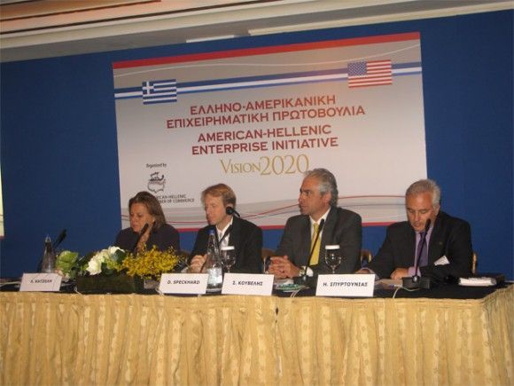 Economy, Competitiveness and Shipping Minister Louka Katseli, United States Ambassador to Athens Daniel Speckhard, Deputy Foreign Affairs Minister Spyros Kouvelis, and American-Hellenic Chamber of Commerce Executive Director Elias Spirtounias during the launch of the American-Hellenic Enterprise Initiative (AHEI), Vision 2020.