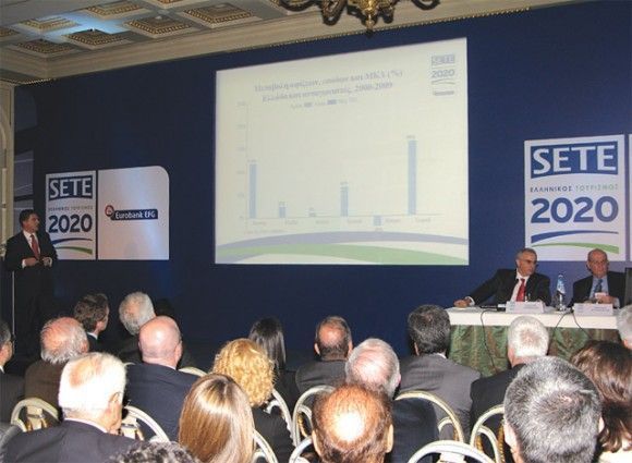 SETE’s general director George Drakopoulos (far left) presented the “Greek Tourism 2020–Proposal for a new development model” to a massive audience at the Hotel Grande Bretagne last month.
