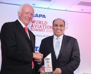 Salem Obaidalla, Emirates’ Senior Vice President, Commercial Operations Far East & Australasia accepts, the award for CAPA Airline of the Year 2012 from Peter Harbison, Executive Chairman of CAPA.