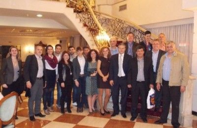 The director of Mediterranean Palace hotel, Yiannis Aslanis (front row, fourth from right), with guests and the hotel staff.