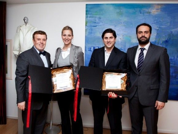Manessis Travel's president, Andreas Manessis (left), and managing director, Aggelos Lambrou (right), with two winners of the Top 10 hotel awards for 2013. Mr. Lambrou is the is the inspirer of the award concept.