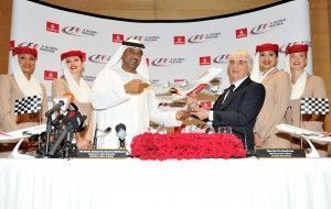 HH Sheikh Ahmed bin Saeed Al-Maktoum, Chairman and Chief Executive, Emirates Airline & Group and Bernie Ecclestone, Chief Executive Officer of the Formula One group announcing a five year agreement appointing Emirates as a Global Partner of Formula 1 starting with the imminent 2013 season.