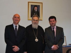 The president of the Synod office of pilgrimage tours His Emminence Bishop of Dodoni Chrysostomos (center) with Louis Cruises CEO, Kiriakos Anastassiadis, and sales director, Pythagoras Nagos. Photo source: http://www.ecclesia.gr