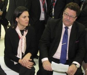 Greek Tourism Minister Olga Kefalogainni and German Federal Deputy Labor Minister Hans-Joachim Fuchtel at the ITB Berlin trade show in Germany.