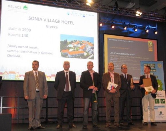 Owners of the hotels that came in first, second and third place for the RELACS EU prize on stage at the award ceremony within the ITB fair on Friday, 8 March.