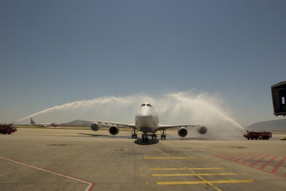 Lufthansa’s new B747-8 receiving a grand water cannon salute at Athens International Airport.