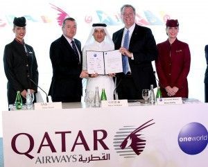 Official signing - IAG Chief Executive Willie Walsh, Qatar Airways' Chief Executive Akbar Al Baker and oneworld Chief Executive Bruce Ashby.