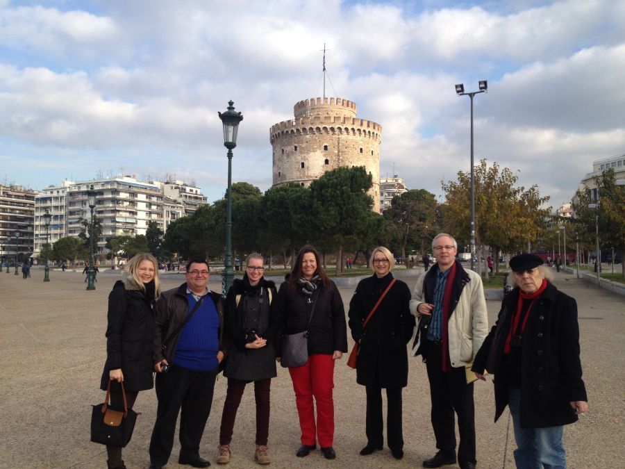 Representatives of the German media outside Thessaloniki's famous White Tower.