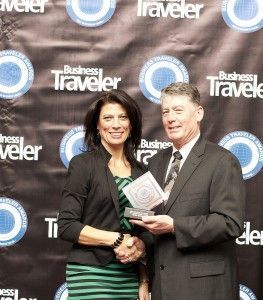 Lisa Markovic, Country Manager for the United States of America, accepting the Best Business Class Award on behalf of Qatar Airways at the Business Traveller Awards 2013.