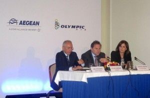 Aegean Airlines press conference - Dimitris Gerogiannis, CEO; Eftichios Vassilakis, vice president; and Roula Saloutsi, public relations.