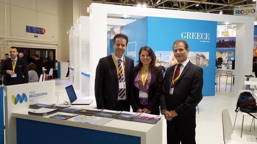 MITT 2014 - The president of the Halkidiki Tourism Organization, Grigoris Tassios (left) with Greek tourism professionals at the booth of the Region of Central Macedonia.