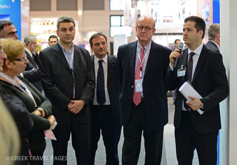 ITB 2014: "Via Egnatia" presentation - The president of the Halkidiki Tourism Organization, Grigoris Tassios (right) and the director of the Greek Cultural Center in Berlin and head of "Via Egnatia" project, Eleftherios Economou (second from right).