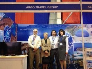 Greek Ambassador in Vietnam Rose Ieremia at the stand of Argo Travel at VITM 2014 with Theodore Koumelis (Travel Media Applications-VITM International Marketing and Sales Partner), Stratis Voursoukis and M. Piccigallo.