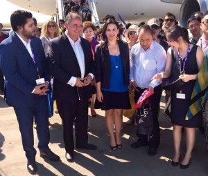 The Greek National Tourism Organization Secretary General Panos Livadas and Greek Tourism Minister Olga Kefalogianni welcomed the first passengers that arrived at Athens International Airport from Shanghai on 16 June. Photo source: Greek Tourism Ministry