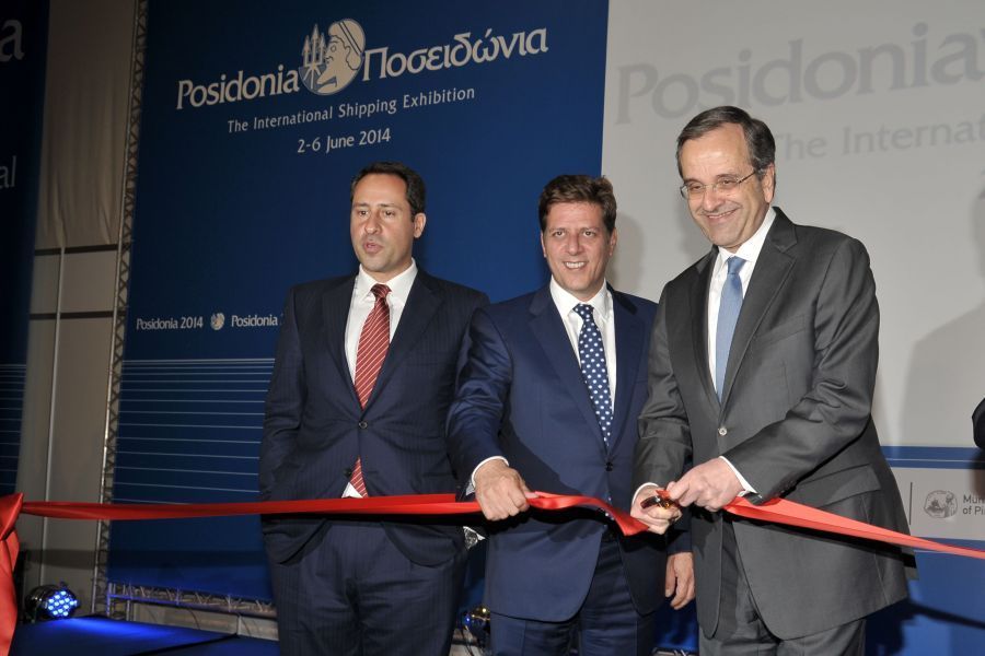 (From right) Greek Prime Minister Antonis Samaras cutting the inauguration ribbon at the Posidonia 2014 opening ceremony with Greek Minister of Shipping Maritime Affairs & the Aegean Miltiadis Varvitsiotis and  Posidonia Exhibitions Project Director Theodore Vokos. Photo © Posidonia Exhibitions