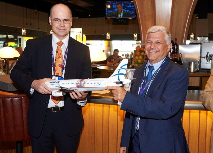 Panos Nicolaidis, Ground Operations Director of Aegean Airlines, offered a gift of a model plane to Andy Garner, T2 Operations & Programme Director, as a token of Aegean’s appreciation for Heathrow’s management and employees’ contribution to Aegean’s successful transfer stating. "It is an Aegean aircraft model that has reference to the New Acropolis Museum, a unique site for Athens visitors," Mr. Nicolaidis said. Photo © Aegean Airlines