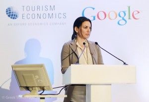Archive photo of Greek Tourism Minister Olga Kefalogianni speaking at a Google event in Athens on the importance of onlune activity for travel.