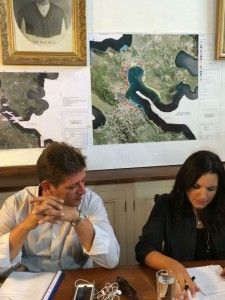 Shipping Minister Miltiadis Varvitsiotis and Tourism Minister Olga Kefalogianni during a meeting with local authorities of Patmos.