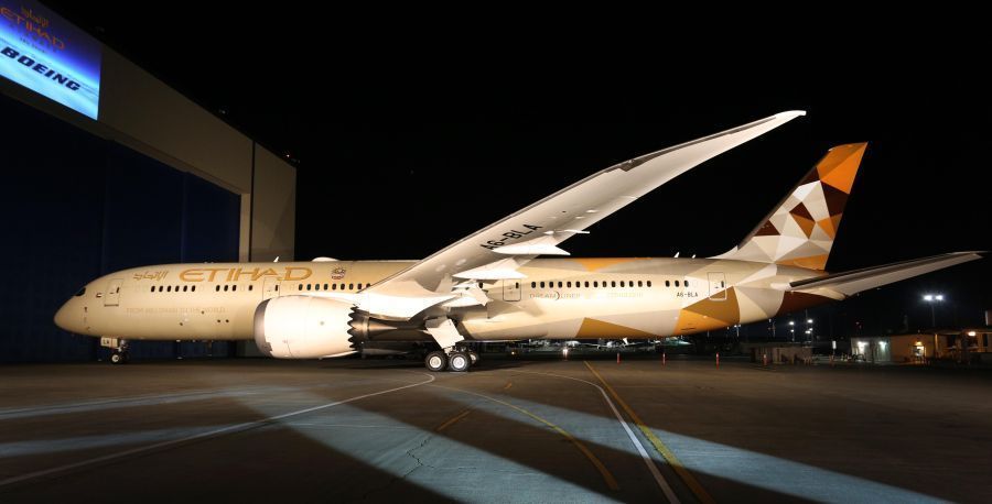 Etihad Airways celebrates the rollout of its first Boeing 787-9 painted in the airline’s stunning new “Facets of Abu Dhabi’ livery.