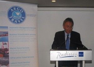 Indian Ambassador to Athens Tsewang Topden speaking to Indian tour operators and Greek travel agents during an event in the Greek capital. Photo © GTP