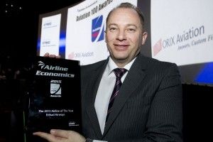 Etihad Airways' Group Treasurer Ricky Thirion with the Airline of the Year award at the Airline Economics Aviation 100 awards ceremony in Dublin, Ireland. Photo Source: Etihad Airways