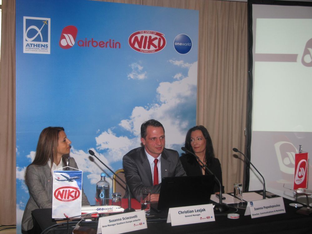 Susanna Sciacovelli, Area Manager South Europe airberlin;  Christian Lesjak, Managing Director of NIKI; and Ioanna Papadopoulou, Director of Communications and Marketing of Athens International Airport. Photo © GTP