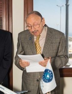 Argo Travel Group President and CEO Dimitris Pithis read a speech to guests during the inauguration ceremony of the company's new branch on Santorini.