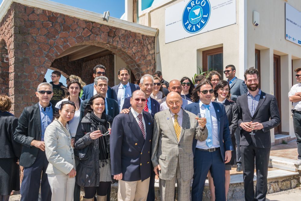 Dimitris Pithis, the president and CEO of Argo Travel (center) with the "Argonauts". To his left are the company's directors Diamantis Pithis and George Fytilis and to his right is the group director of sales and marketing, Stratis Voursoukis.