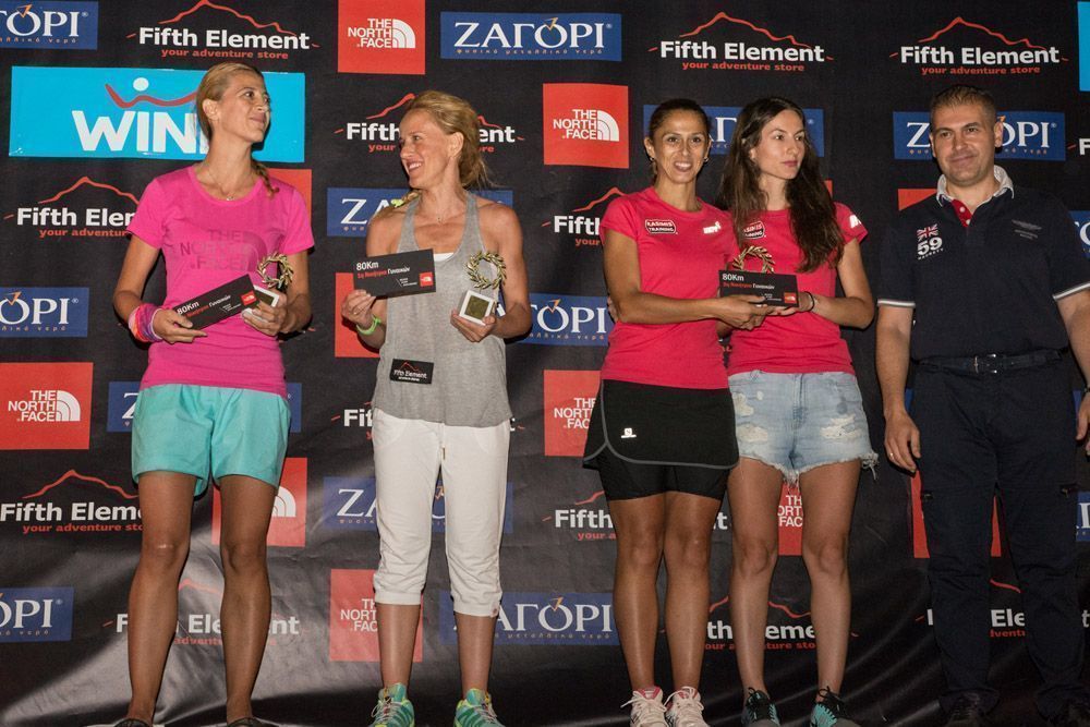 (L-R) Winners of the 80km race women’s group: Sophia Kalogirou, Ioanna Baratsa, Despina Gavriilidou and Vassiliki Falara with Nikos Chitos of Chitos SA.