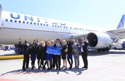 The crew of United Airlines flight UA125 celebrate the launch of Athens-New York/Newark nonstop service today, May 26.
