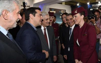 At the opening ceremony of Posidonia 2016 on Monday, Greece's Prime Minister Alexis Tsipras, accompanied by the Greek Minister of Ministry of Shipping & Island Policy Theodoros Dritsas and the Posidonia Exhibitions Chairman Themistocles Vokos, visited were welcomed by Qatar Airways Cabin Crew with the traditional Arabian delights.
