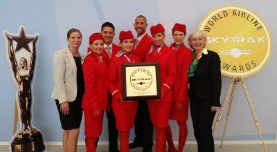 Austrian Airlines' Director Station Management International, Susanne Königsbauer (left) and Vice President Cabin Operation, Vera Renner (right) together with Austrian staff.