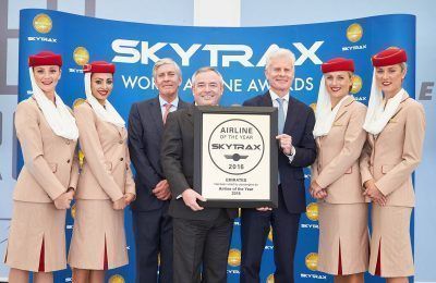 : Patrick Brannelly Divisional Vice President, Customer Experience receiving the award from Edward Plaisted, CEO of Skytrax. Emirates was today named the World’s Best Airline 2016 at the prestigious Skytrax World Airline Awards 2016. Also pictured on the left is Lord Deighton, Non-Executive Chairman of Heathrow Airport.