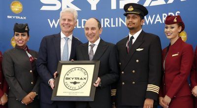 Lord Paul Deighton, Chairman of Heathrow Airport presents Qatar Airways Group Chief Executive, His Excellency Mr. Akbar Al Baker with the World's Best Business Class accolade