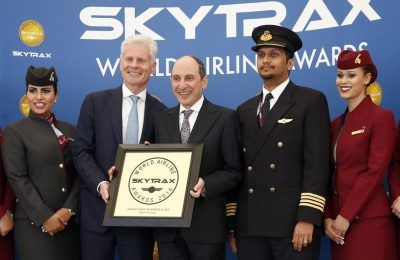 Lord Paul Deighton, Chairman of Heathrow Airport presents Qatar Airways Group Chief Executive, His Excellency Mr. Akbar Al Baker with the World's Best Business Class accolade