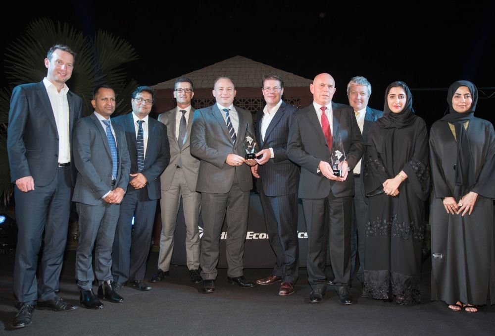 Ricky Thirion, Etihad Aviation Group Treasurer (pictured fifth left), with members of his treasury team after winning honours at the 2016 Middle East, African & Islamic Finance Aviation 100 Awards held in Dubai.