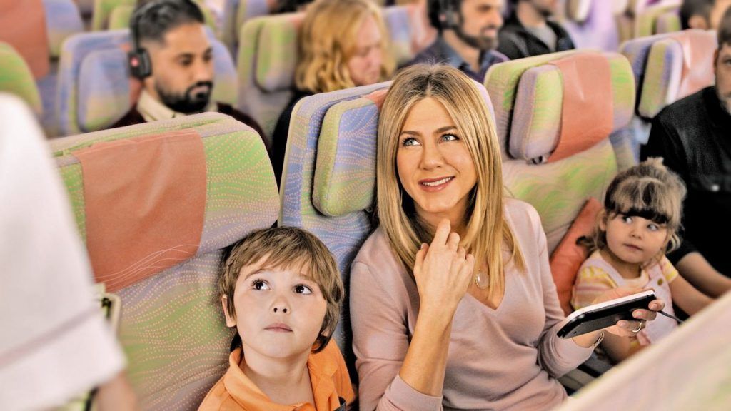Jennifer Aniston and her young co-star Cooper onboard the A380 in the new Emirates TVC.