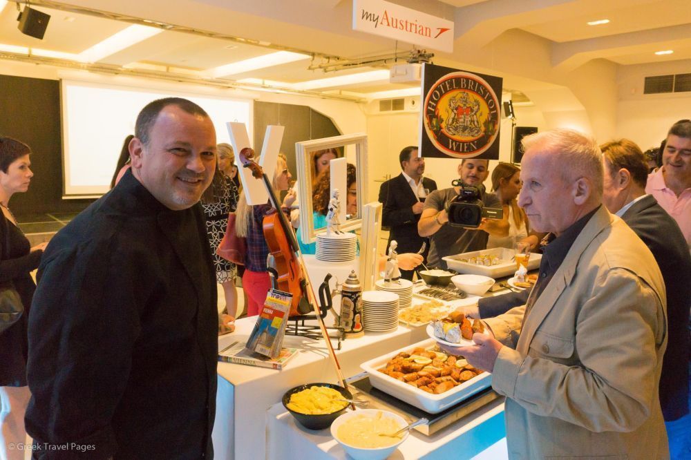 Greek chef Dimitris Skarmoutsos and his creations at the booth of the Vienna hub. Visitors sampled dishes of Austrian cuisine.